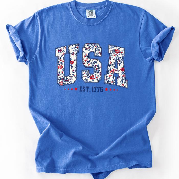USA Floral Pattern Est 1776 Patriotic America Flag Inspired Edition Comfort Colors Tee