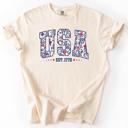 Small Ivory Cream USA Floral Pattern Est 1776 Patriotic America Flag Inspired Edition Comfort Colors Tee
