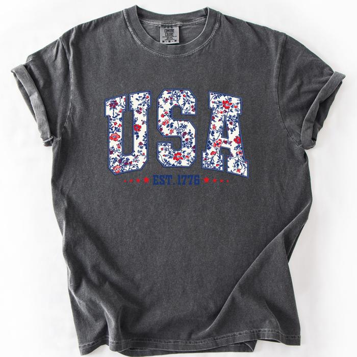 USA Floral Pattern Est 1776 Patriotic America Flag Inspired Edition Comfort Colors Tee