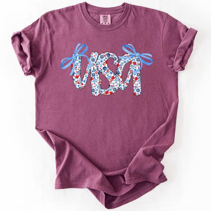 USA Patriotic Floral Patterns With Ribbons For Fourth Of July And American Pride Comfort Colors Tee
