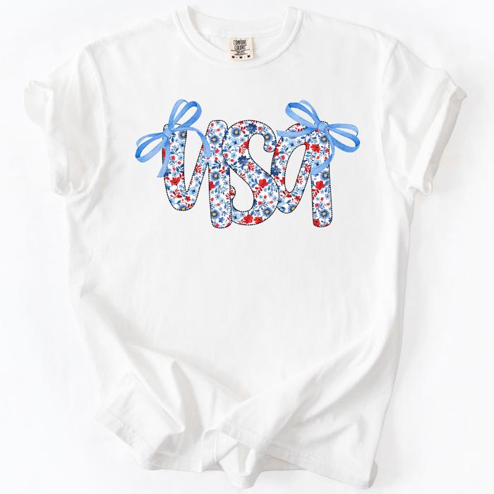USA Patriotic Floral Patterns With Ribbons For Fourth Of July And American Pride Comfort Colors Tee
