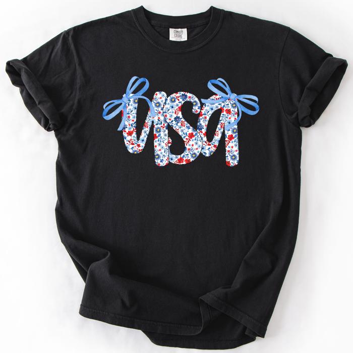 USA Patriotic Floral Patterns With Ribbons For Fourth Of July And American Pride Comfort Colors Tee