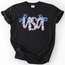 XL Black USA Patriotic Floral Patterns With Ribbons For Fourth Of July And American Pride Comfort Colors Tee