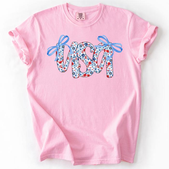USA Patriotic Floral Patterns With Ribbons For Fourth Of July And American Pride Comfort Colors Tee
