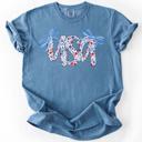 Medium Blue Jean USA Patriotic Floral Patterns With Ribbons For Fourth Of July And American Pride Comfort Colors Tee
