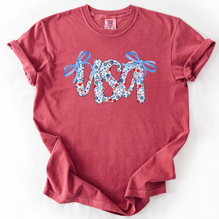 USA Patriotic Floral Patterns With Ribbons For Fourth Of July And American Pride Comfort Colors Tee