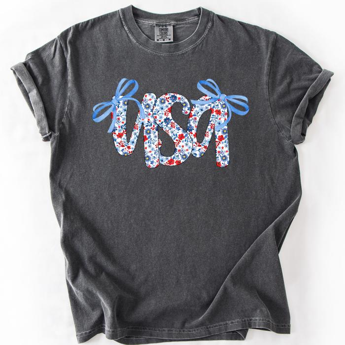 USA Patriotic Floral Patterns With Ribbons For Fourth Of July And American Pride Comfort Colors Tee