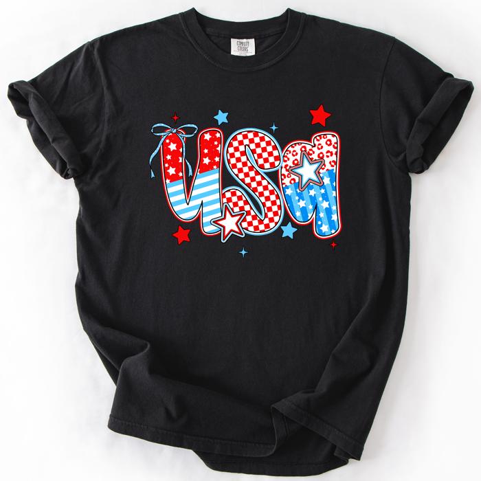 USA Patriotic Patterns Bow Fourth Of July America Design Edition Comfort Colors Tee
