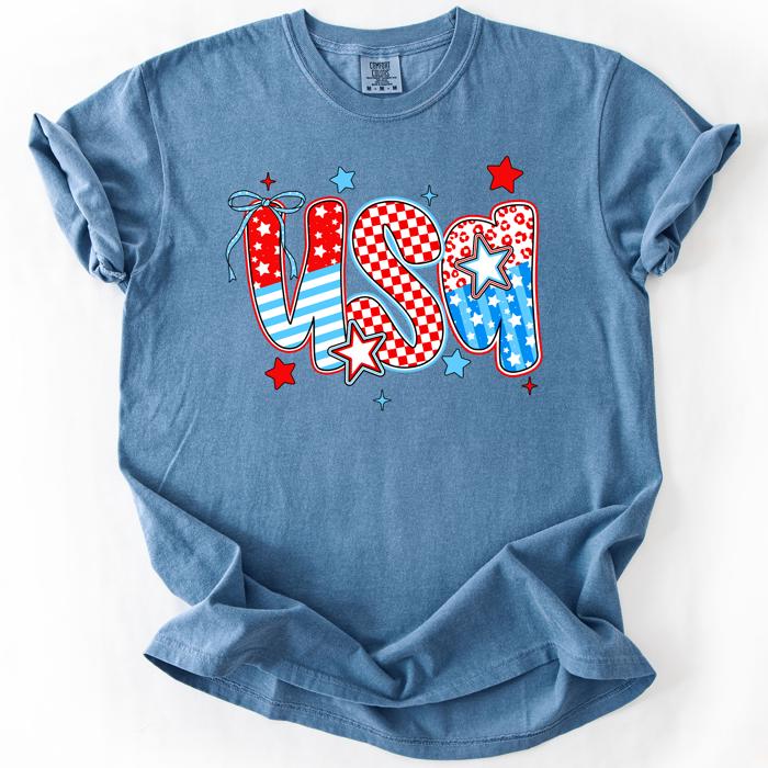 USA Patriotic Patterns Bow Fourth Of July America Design Edition Comfort Colors Tee