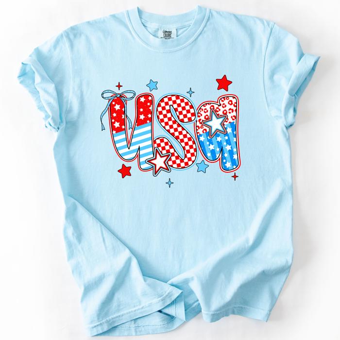 USA Patriotic Patterns Bow Fourth Of July America Design Edition Comfort Colors Tee