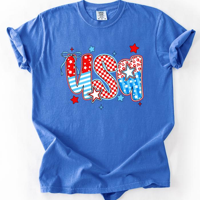 USA Patriotic Patterns Bow Fourth Of July America Design Edition Comfort Colors Tee
