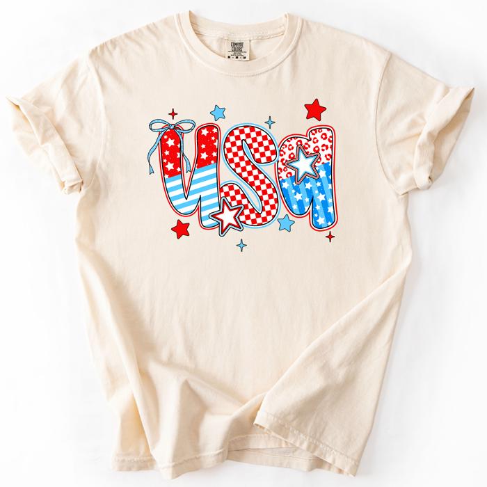 USA Patriotic Patterns Bow Fourth Of July America Design Edition Comfort Colors Tee