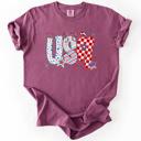 XL Berry Red USA Patriotic Patterns With Ribbons Fourth of July America Theme Comfort Colors Tee