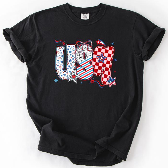USA Patriotic Patterns With Ribbons Fourth of July America Theme Comfort Colors Tee