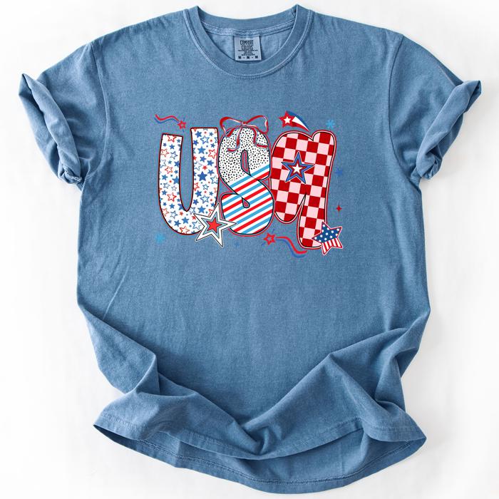 USA Patriotic Patterns With Ribbons Fourth of July America Theme Comfort Colors Tee