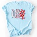 Large Chambray Baby Blue USA Patriotic Patterns With Ribbons Fourth of July America Theme Comfort Colors Tee