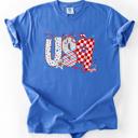 XXXL Flo Blue USA Patriotic Patterns With Ribbons Fourth of July America Theme Comfort Colors Tee