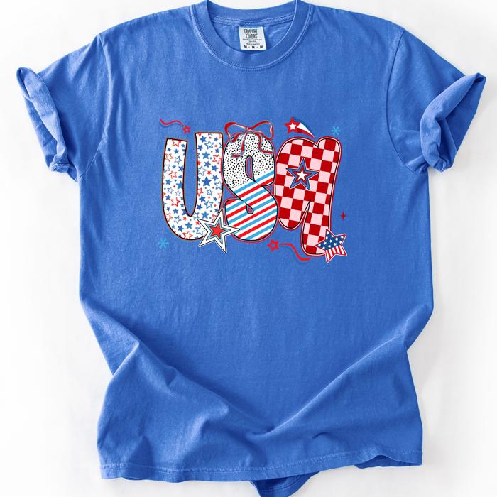USA Patriotic Patterns With Ribbons Fourth of July America Theme Comfort Colors Tee