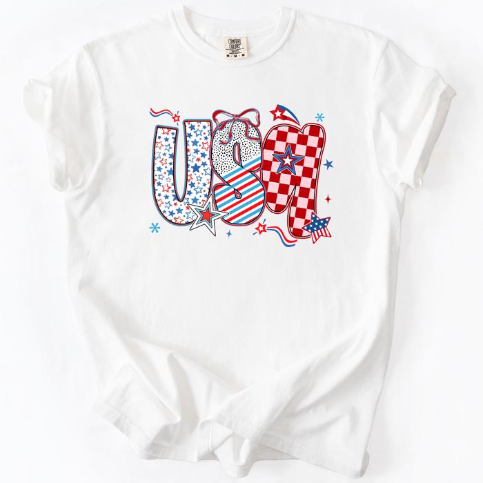 USA Patriotic Patterns With Ribbons Fourth of July America Theme Comfort Colors Tee