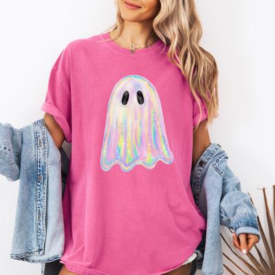 Shimmering Ghost (Only Print, no Glitter or embellishment)  Iridescent Boo Cute Ghost Faux Glitter Spooky Season Halloween Comfort Colors Tee