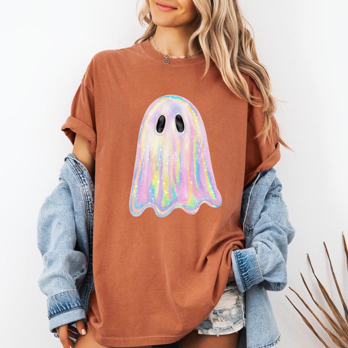 Shimmering Ghost (Only Print, no Glitter or embellishment)  Iridescent Boo Cute Ghost Faux Glitter Spooky Season Halloween Comfort Colors Tee