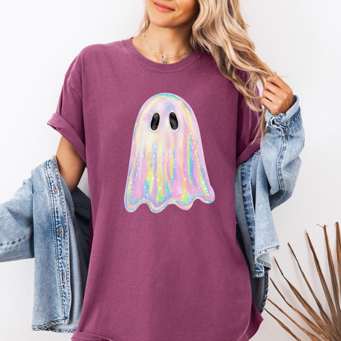 Shimmering Ghost (Only Print, no Glitter or embellishment)  Iridescent Boo Cute Ghost Faux Glitter Spooky Season Halloween Comfort Colors Tee