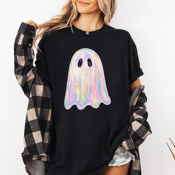 Shimmering Ghost (Only Print, no Glitter or embellishment)  Iridescent Boo Cute Ghost Faux Glitter Spooky Season Halloween Comfort Colors Tee