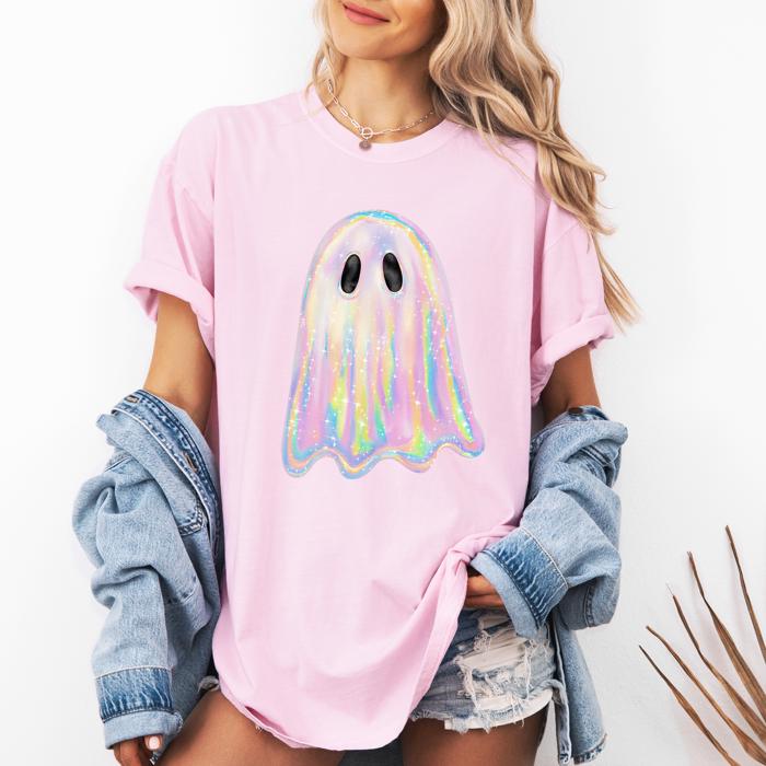 Shimmering Ghost (Only Print, no Glitter or embellishment)  Iridescent Boo Cute Ghost Faux Glitter Spooky Season Halloween Comfort Colors Tee