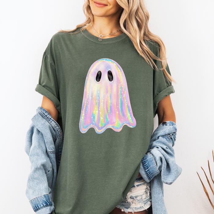 Shimmering Ghost (Only Print, no Glitter or embellishment)  Iridescent Boo Cute Ghost Faux Glitter Spooky Season Halloween Comfort Colors Tee