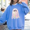 Large Carolina Blue Shimmering Ghost Iridescent Boo Cute Ghost Faux Glitter Spooky Season Halloween Sweatshirt