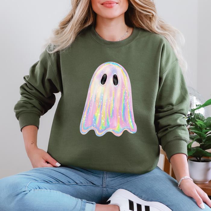 Shimmering Ghost Iridescent Boo Cute Ghost Faux Glitter Spooky Season Halloween Sweatshirt