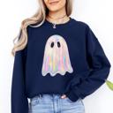 Large Navy Shimmering Ghost Iridescent Boo Cute Ghost Faux Glitter Spooky Season Halloween Sweatshirt