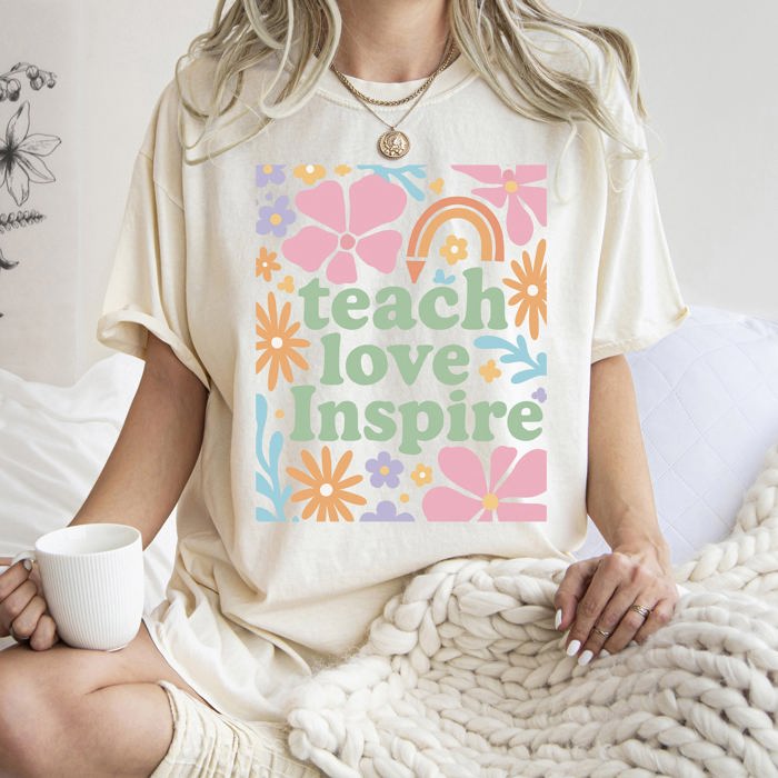 Teach Love Inspire Boho Back to School First Day of School Collection Comfort Colors Tee