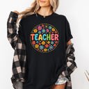 Large Black Teacher Floral Retro Back To School First Day Of School Teacher Appreciation Coquette Comfort Colors Tee