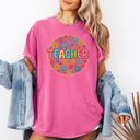 Medium Crunchberry Pink Teacher Floral Retro Back To School First Day Of School Teacher Appreciation Coquette Comfort Colors Tee