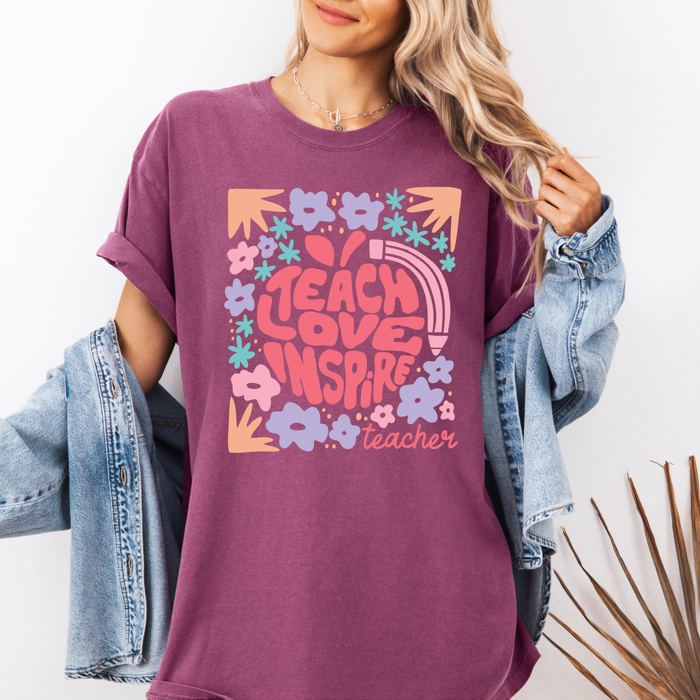 Teach Love Inspire Boho Floral Back To School First Day Of School Comfort Colors Tee