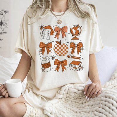 Back To School Bow Teacher Icons Coffee First Day Of School Coquette Comfort Colors Tee