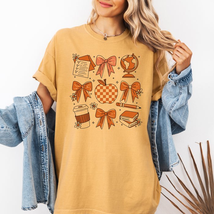 Back To School Bow Teacher Icons Coffee First Day Of School Coquette Comfort Colors Tee