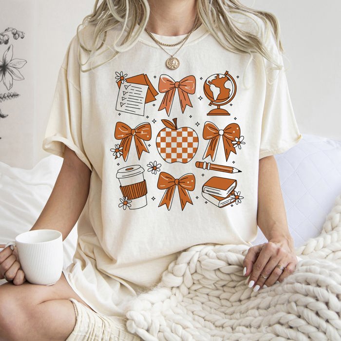 Back To School Bow Teacher Icons Coffee First Day Of School Coquette Comfort Colors Tee
