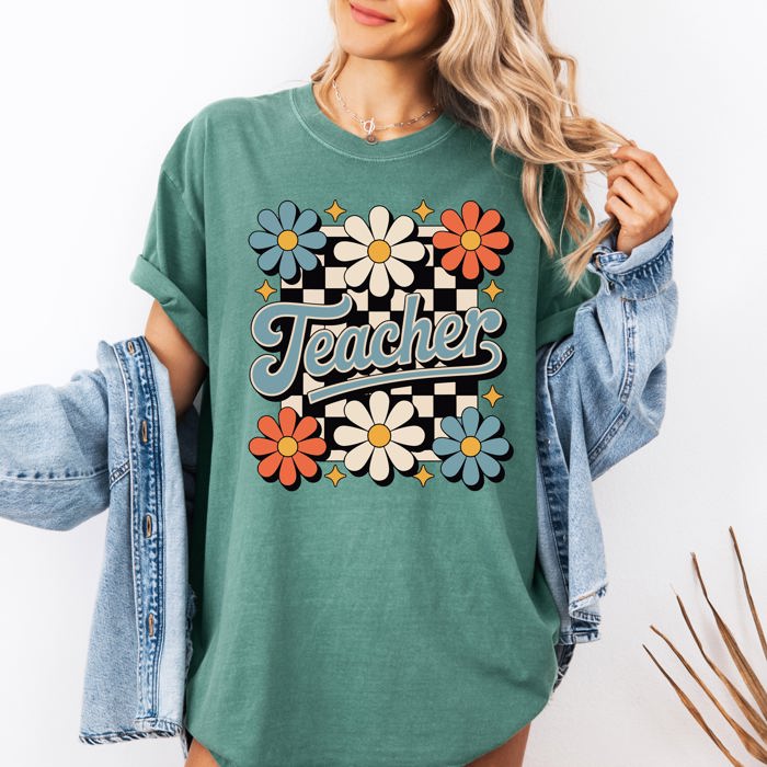 Retro Floral Checkered First Day Of School Teacher Appreciation Coquette Style Comfort Colors Tee