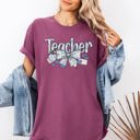 XL Berry Red Teacher Chinoiserie Floral Bow First Day Of School Teacher Appreciation Comfort Colors Tee