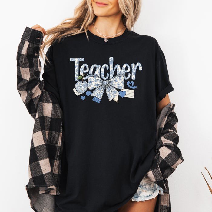 Teacher Chinoiserie Floral Bow First Day Of School Teacher Appreciation Comfort Colors Tee
