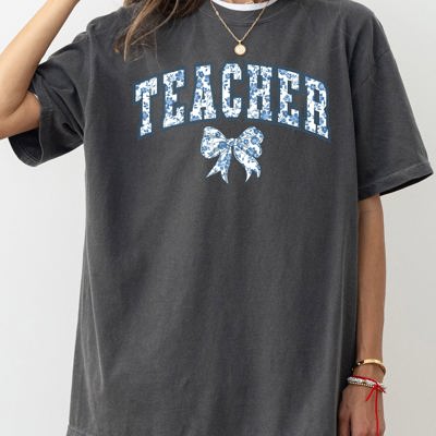 Teacher Goose Blue Floral Bow First Day Of School Teacher Appreciation Coquette Comfort Colors Tee