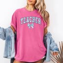 XL Crunchberry Pink Teacher Goose Blue Floral Bow First Day Of School Teacher Appreciation Coquette Comfort Colors Tee
