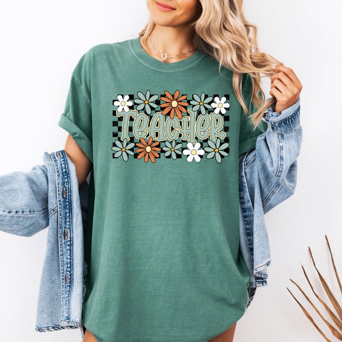 Teacher Checkered Floral Boho Retro First Day Of School Teacher Appreciation Coquette Comfort Colors Tee