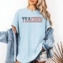 Small Chambray Baby Blue Teacher USA Flag Retro Classroom Pride Teacher Appreciation Edition Comfort Colors Tee