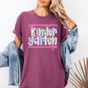 Small Berry Red Kindergarten Teacher Retro Checkered Back To School First Day Of School Cute Teacher Appreciation Comfort Colors Tee
