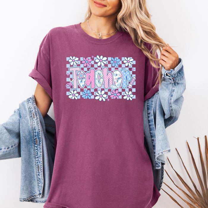 Floral Checkered Retro Bow First Day Back To School Teacher Appreciation Comfort Colors Tee