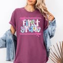 XL Berry Red First Grade Teacher Retro Checkered Pattern Back To School Style For Teachers Comfort Colors Tee
