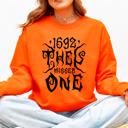 Medium Orange 1692 They Missed One Salem Spooky Witch Halloween Night Edition Deluxe Cozy Graphic Sweatshirt